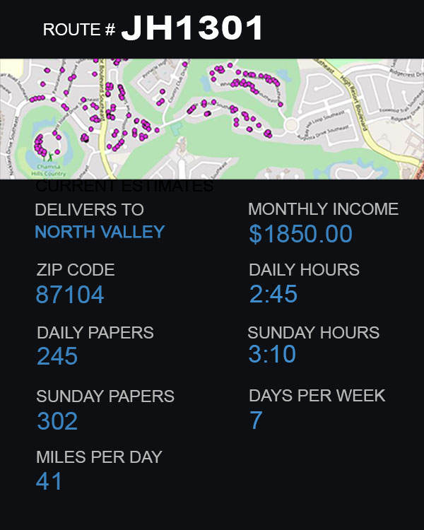 North Valley Albuquerque Journal Carrier Route Newspaper Delivery Job